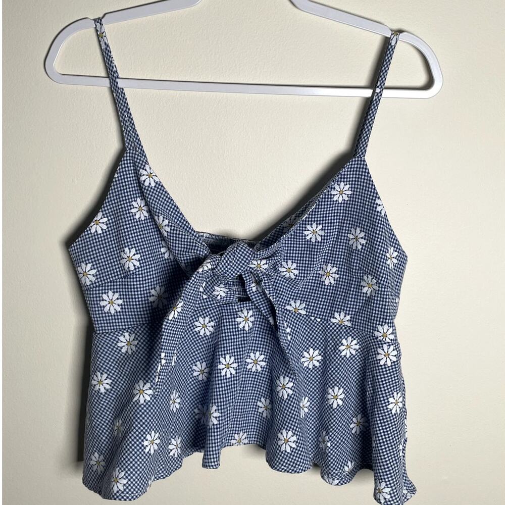 Blue Gingham Daisy Babydoll Tank Floral Bow Tie Front Country Cottage Western
